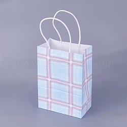 クラフト紙袋  ハンドル付き  ギフトバッグ  ショッピングバッグ  長方形  タータン模様  ライトブルー  21.3x14.75x7.8cm