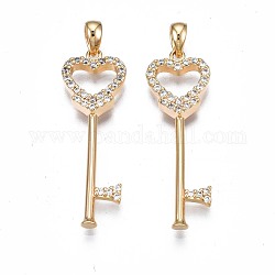Brass Micro Pave Clear Cubic Zirconia Pendants, Nickel Free, Key, Real 18K Gold Plated, 36.5x10x3mm, Hole: 3x4mm