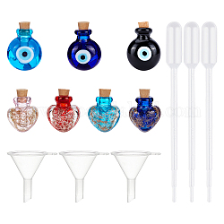 Colgantes de botellas de perfume de lampwork luminoso hecho a mano, botella de aceite esencial, con pipetas de transferencia de plástico desechables y tolva de embudo de plástico, color mezclado, 13 PC / sistema