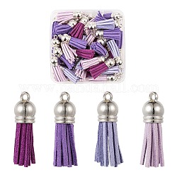 60Pcs 4 Colors Faux Suede Tassel Pendant Decorations, with Platinum CCB Plastic Cord Ends, Purple, 33~35x10mm, Hole: 2.5~3mm, 15pcs/color
