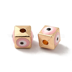 Abalorios de aleación de esmalte, la luz de oro, cubo con mal de ojo, rosa, 5.5x6x6mm, agujero: 1.8 mm