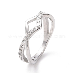 Crystal Rhinestone Wave Finger Ring, 304 Stainless Steel Jewelry for Women, Stainless Steel Color, US Size 6~9(17.1~18.9mm)