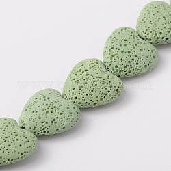 Brins de perles de lave naturelle teints, cœur, vert clair, 20~21x20~21x7~8mm, Trou: 1mm, Environ 20 pcs/chapelet, 15.55 pouce