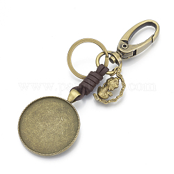 Alloy Cabochon Settings Keychain, with Alloy Rotatable Pendants & Iron Rings, Flat Round, Antique Bronze, Tray: 35mm, 115mm