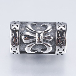304 Stainless Steel Tube Beads, Large Hole Beads, Column with Fleur De Lis, Antique Silver, 20.5x12mm, Hole: 8mm