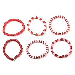 Set di bracciali elasticizzati in argilla polimerica fatti a mano con perline heishi, con perline distanziali in acciaio inossidabile placcato oro, rosso, diametro interno: 2 pollice (5.2 cm), 6 pc / set
