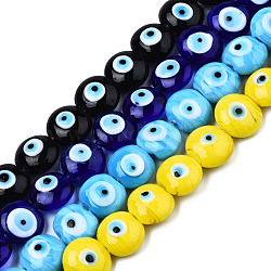 Hechos a mano de mal de ojo lampwork perlas hebras, plano y redondo, color mezclado, 14~16x16~17x8.5~9mm, agujero: 1 mm, aproximamente 25 pcs / cadena, 14.96 pulgada (38 cm)