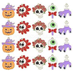 30 pièces 5 styles pendentifs en alliage d'émail thème halloween, or clair, formes mixtes, couleur mixte, 28~33x16~30x1.5mm, Trou: 1.8mm, 6 pièces / style