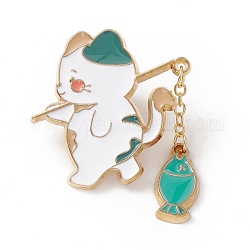 Cat and Fish Enamel Pin, Gold Plated Alloy Badge for Backpack Clothes, Teal, 40x34x2mm