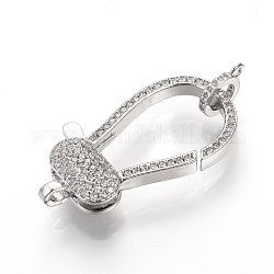 Brass Micro Pave Cubic Zirconia Lobster Claw Clasps, Platinum, 40x17x6.5mm, Hole: 1~1.5mm