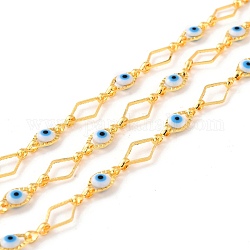 Handmade Brass Link Chains, with Evil Eye Glass Beads, Long-Lasting Plated, Unwelded, with Spool, Rhombus, Golden, Sky Blue, Link: 10.5x6.5x3.5mm, 14.5x8x1mm