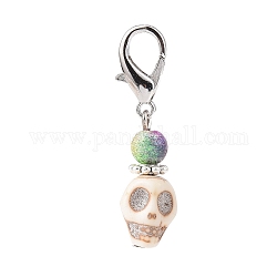 Halloween Synthetic Magnesite Skull Pendants Decorations, with Spray Painted Acrylic Beads, Lobster Clasp Charms, for Keychain, Purse, Backpack Ornament, Floral White, 37mm, Skull: 12x12x9mm