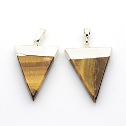 Tiger Eye Triangle Pendants, with Silver Tone Brass Findings, 34x22~28x4mm, Hole: 8x5mm