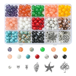 Kit de recherche de fabrication de bijoux de bricolage, y compris des perles rondes en verre, howlite synthétique, acrylique et strass., Pendentifs et bélières en alliage d'arbre, d'étoile de mer et de coquillage, couleur mixte, 296 pcs / boîte