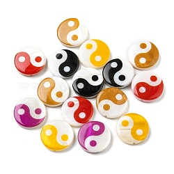 Perles de coquillage d'eau douce naturelles imprimées, perles rondes plates yin yang, couleur mixte, 15x3~3.5mm, Trou: 0.7mm