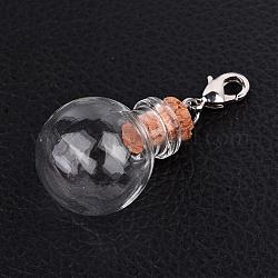 Round Glass Wishing Bottle Pendants, with Iron Findings and Brass Lobster Claw Clasps, Platinum, 47mm, Bottle Capacity: 2.5ml(0.08 fl. oz)