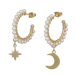 Orecchini asimmetrici stella e luna, Orecchini in lega, orecchini a mezzo cerchio con perle di conchiglia, oro, 42x10.5mm