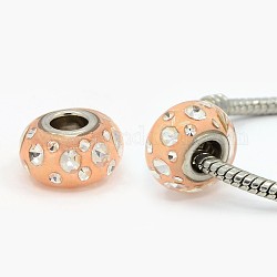 Handgemachte  europäischen Fimo-Perlen, mit Strass-und Platin Farbe Doppelmessingkern, Großloch perlen, Rondell, Licht Korallen, 14x8 mm, Bohrung: 5 mm