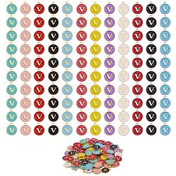 120шт 12 цвета позолоченные подвески из сплава, с эмалью, эмалированные блестки, плоские круглые с буквы, letter.v, 14x12x2 мм, отверстие : 1.5 мм, 10 шт / цвет