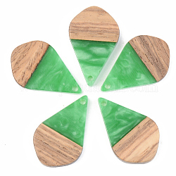 Opaque Resin & Walnut Wood Pendants, Teardrop, Green, 28x17.5x3mm, Hole: 1.8mm