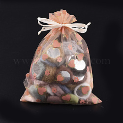 Sacs en organza imprimé, sacs-cadeaux, avec de la poudre de paillettes, rectangle avec le coeur, saumon clair, 19~20.5x13.5~14 cm
