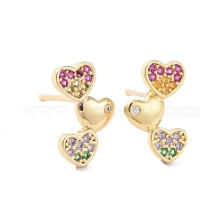 Colorful Rhinestone Triple Heart Stud Earrings, Brass Jewelry for Women, Cadmium Free & Lead Free, Real 18K Gold Plated, 8x12.5mm, Pin: 1mm