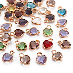 Glass Charms, with Light Gold Tone Brass Findings, Long-Lasting Plated, Faceted, Heart, Mixed Color, 9x6.5x3mm, Hole: 1.6mm
