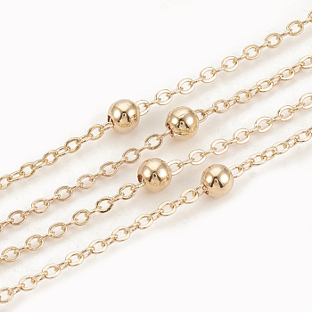 Brass Cable Chains, Satellite Chains, with Round Beads, Soldered, Flat Oval, Real 18K Gold Plated, 2x1.5x0.2mm