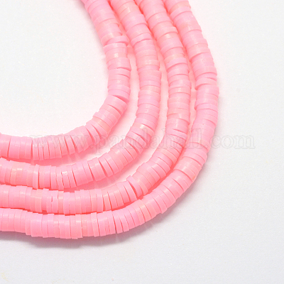 Handmade Polymer Clay Beads, Disc/Flat Round, Heishi Beads, Pink,6x1mm,  Hole: 2mm, about 380~400pcs/strand, 17.7 inch