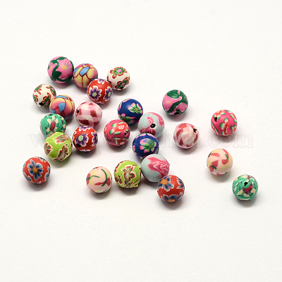 Handmade Polymer Clay Beads, Round with Floral Pattern, Mixed