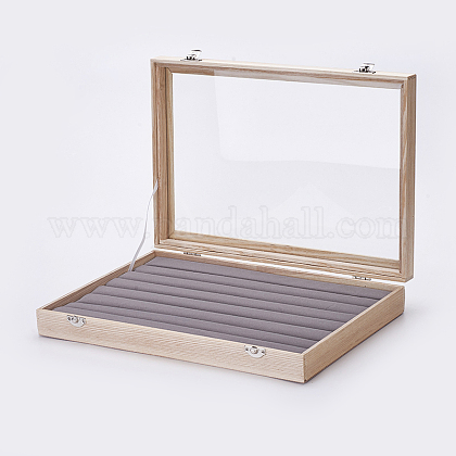木製のリングプレゼンテーションボックス  ガラスとベルベットの枕で  長方形  アンティークホワイト  35x24x5.5cm ODIS-P006-12-1