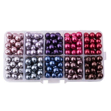 10色環境に優しい真珠光沢のある丸いガラスパールビーズ  染め  8mm  穴：0.7mm  約23個 /コンパートメント  230個/箱 HY-PH0004-8mm-02-B-1