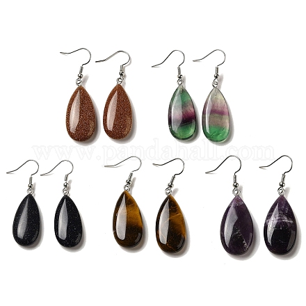 Natural & Synthetic Mixed Gemstone Teardrop Dangle Earrings EJEW-E296-06P-B-1