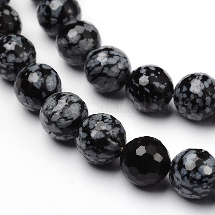 Faceted Round Natural Snowflake Obsidian Bead Strands G-L377-19-12mm-1