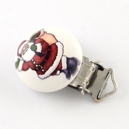 Christmas Santa Claus Pattern Printed Wooden Baby Pacifier Holder Clip with Iron Clasp WOOD-R251-03G-1