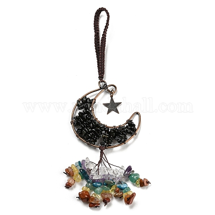 Luna de latón envuelta en alambre y decoración colgante de obsidiana natural. HJEW-C006-02B-1