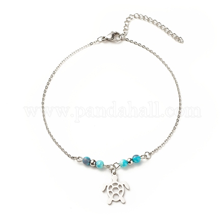 304 bracelet de cheville breloque tortue en acier inoxydable avec perles rondes en jade blanc naturel pour femme AJEW-AN00498-04-1
