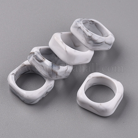 正方形の不透明な樹脂の指輪  天然石風  ホワイトスモーク  usサイズ6 1/2(16.9mm) RJEW-S046-003-B01-1