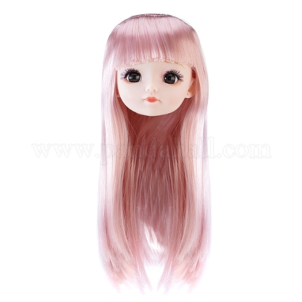 プラスチック製の人形の頭  長い髪型で  女性 bjd 人形アクセサリー作成のため  ピンク  150mm PW-WG34033-02-1