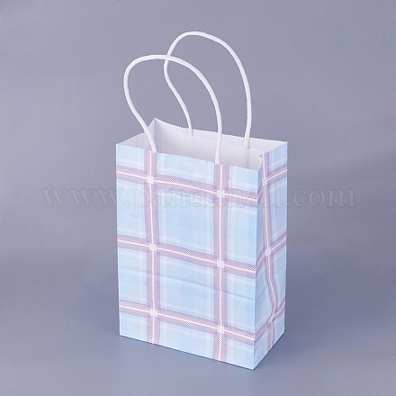 クラフト紙袋  ハンドル付き  ギフトバッグ  ショッピングバッグ  長方形  タータン模様  ライトブルー  21.3x14.75x7.8cm CARB-E003-05-1