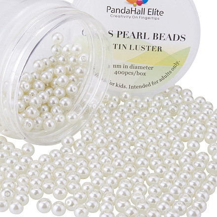 PandaHall About 400Pcs 6mm Tiny Satin Luster Environmental Dyed Glass Pearl Round Beads Assortment Lot for Jewelry Making Round Box Kit Anti-flash White HY-PH0001-6mm-011-1
