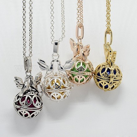 Trendy Women's Brass Rolo Chain Peace Sign and Birds Cage Pendant Necklaces NJEW-F053-07-1