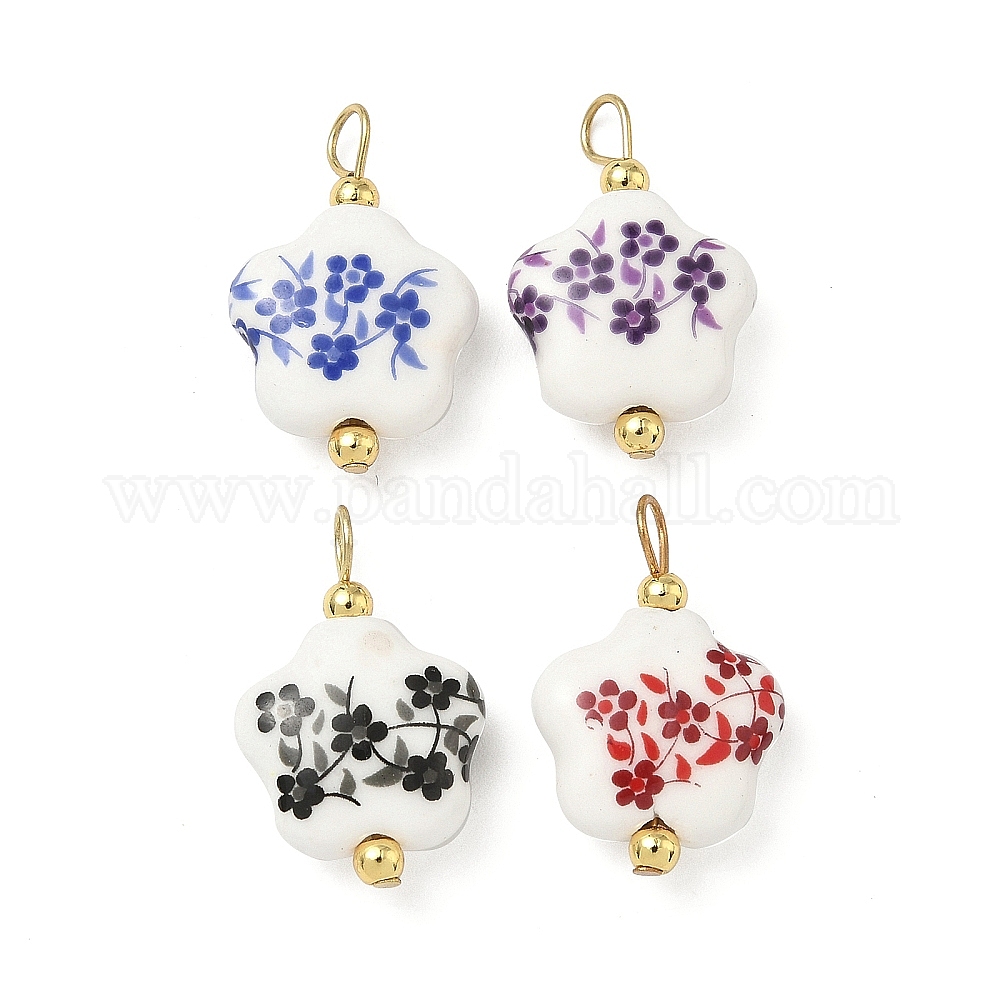 Pendentif Floral Vintage En Porcelaine V. Hallingskov - Années 1960 - Longueur 5.5x3.7 Cm - Occasion (usures Dorure)