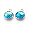 Resin Pendants, with 304 Stainless Steel Finding, Flat Round with Mermaid Fish Scale Shaped, Stainless Steel Color, Cyan, 18x14x3.5mm, Hole: 2mm