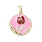 Brass Micro Pave Cubic Zirconia Pendants, Flat Round with Flower, with Enamel, Rack Plating, Long-Lasting Plated, Lead Free & Cadmium Free, Real 18K Gold Plated, Pink, 20.5x18.5x3.8mm, Hole: 4.8x2.7mm