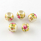 Perles rondes imprimées de motif de fleur rose en verre GFB-R005-10mm-A-2
