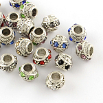Barrel Antique Silver Plated Metal Alloy Rhinestone European Beads, Large Hole Beads, Mixed Color, 10~11x9mm, Hole: 5mm