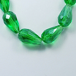 FilI di perline in vetro placcato, lustro di perla placcato, sfaccettato, goccia, verde, 11x8mm, Foro: 1 mm, circa 57~59pcs/filo, 26.38~26.77 pollice