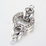 Brass Fold Over Clasps, with Alloy Rhinestone Findings, Platinum, 35x15.5x4mm, Hole: 2mm