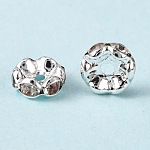 Brass Rhinestone Spacer Beads, Grade A, Wavy Edge, Silver Color Plated, Rondelle, Crystal, 8x3.8mm, Hole: 1mm